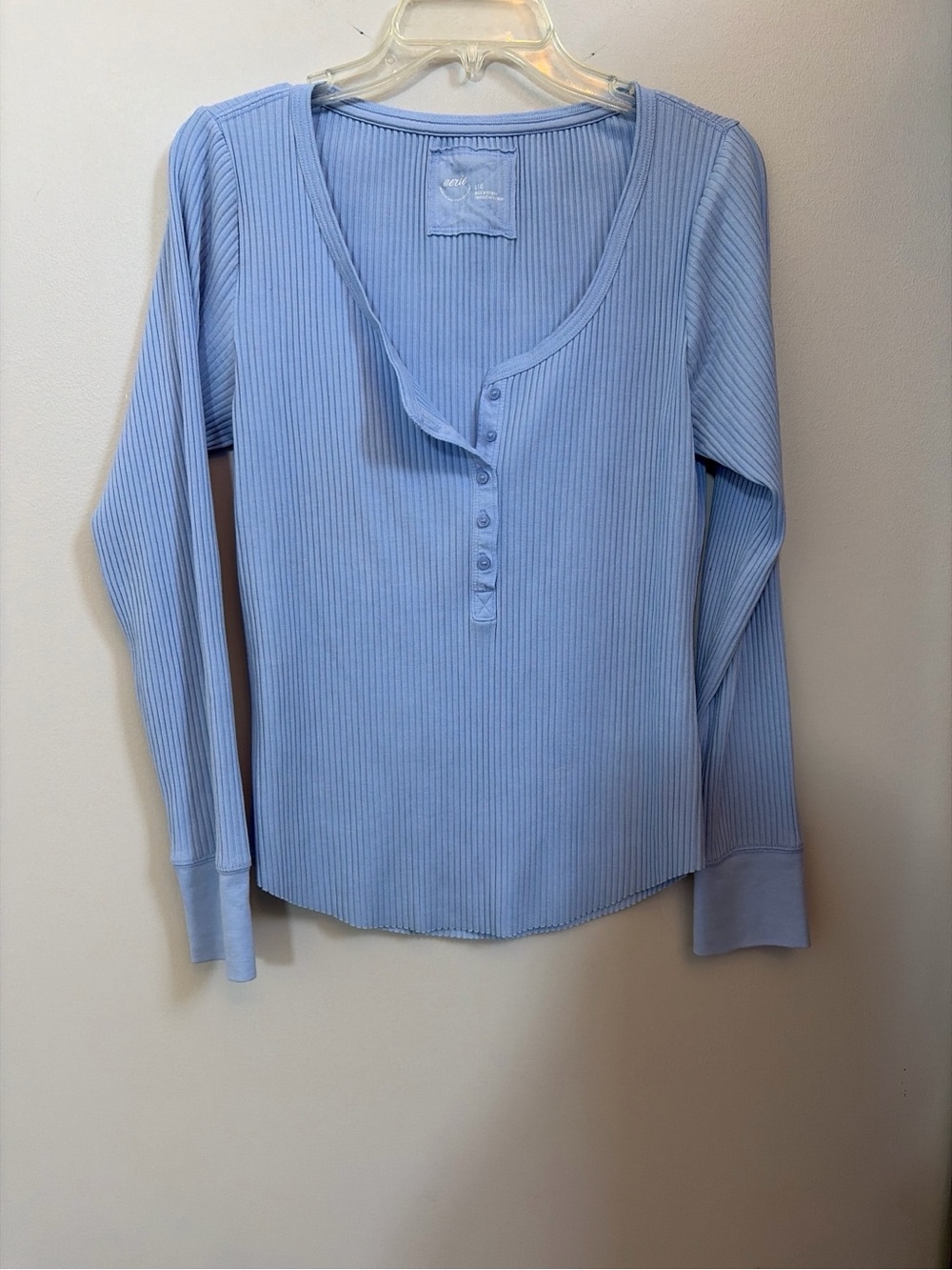 aerie Light Blue Ribbed Henley Long Sleeve Top